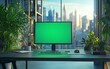 © AhmadTriwahyuutomo - A modern workspace featuring a green screen monitor, keyboard, and plant decorations with city views in the background.