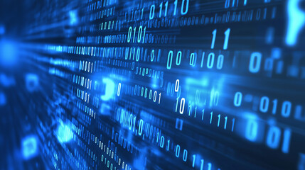 Abstract blue binary code background with glowing digits.