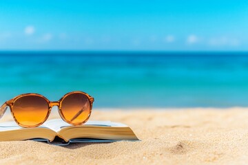 Poster - Sunglasses and a book on a sandy beach with the ocean in the background, perfect for a relaxing summer vacation.