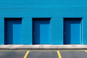 Wall Mural - Three blue doors on a blue brick wall, symbolizing opportunity, choice, and new beginnings. Modern and minimal architectural detail, perfect for commercial or residential design.