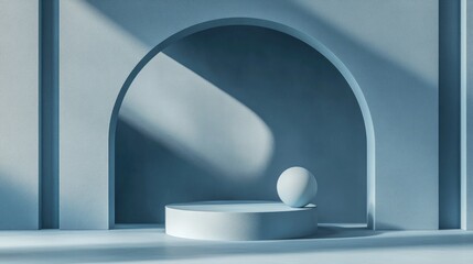 Poster - 3D mock up of a blue podium featuring a hemisphere or arch against a light blue backdrop Vibrant abstract background in mid century style suitable for product or cosmetic displays Geometric shapes