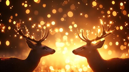 Wall Mural - Two deer silhouettes stand back to back against a background of warm bokeh lights, evoking a sense of magic, love, and the wonder of nature.