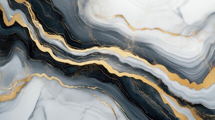 Aufkleber - Abstract Marble Background Design With Luxury Wave Fractal Textures In Golden Black And White Fluid Art Copyspace Wallpaper Stunning 3D Rendered Image