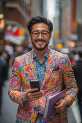 Stylish Asian businessman in a floral suit is using smartphone while walking on a busy city street.