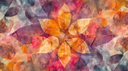 Poster - Artistic ethnic dyed pattern featuring crumpled paper texture and watercolor tie dye elements showcasing floral geometry and warm tone designs in a whimsical style