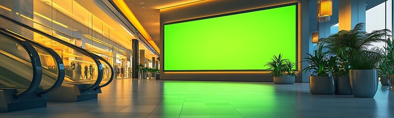 Aufkleber - A modern interior featuring a large green screen display, surrounded by plants and illuminated by warm lighting, creating a vibrant atmosphere.