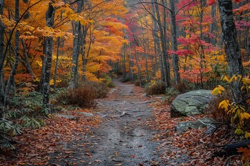 Wall Mural - A path through a forest with leaves on the ground