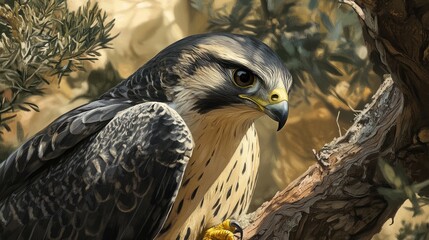 close-up of a falcons sharp beak and intense gaze, perched high in a tree scanning the landscape.
