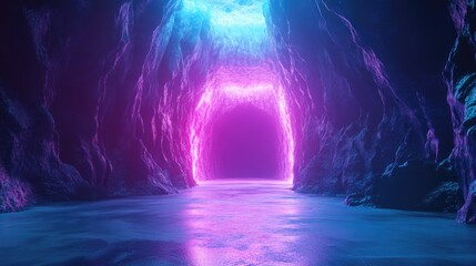 Aufkleber - 3D render featuring an abstract violet and blue neon background in a dimly lit space with a luminous floor resembling an empty ice arena