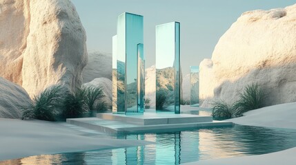 Poster - Architectural arrangement in a surreal landscape featuring water A glossy portal and an empty podium accentuate the scene 3D render illustration showcasing a pedestal with abstract glass and mirro