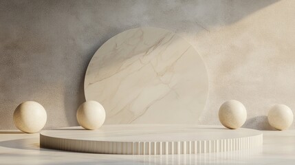 Aufkleber - Beige podium with minimalistic geometric shapes and object placement against an abstract gray background 3D rendering
