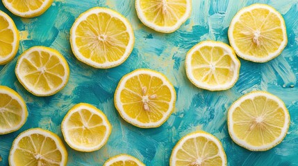 Aufkleber - Bright yellow lemon slices on a blue backdrop