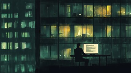 Poster - A lone worker sits at a desk in a dimly lit office building, focusing intensely on a computer screen in the quiet night