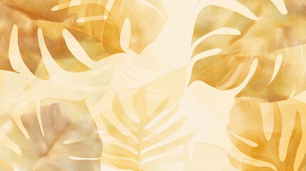 Poster - Abstract artwork featuring a golden leaf background vector Design includes line art textures of monstera and jungle leaves creating an exotic botanical pattern suitable for prints and wall art