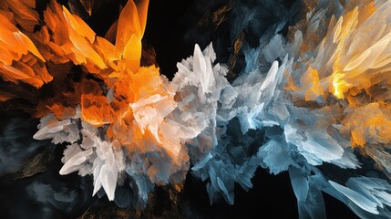 Poster - Abstract fantasy shapes of flame and fractured ice on a black backdrop Computer generated fractal art in shades of orange blue yellow and white