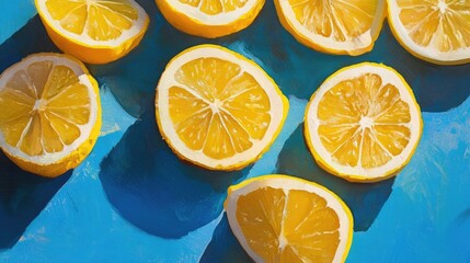 Aufkleber - Bright yellow lemon slices on a blue backdrop
