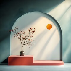 Poster - Minimalist 3D photography studio setup with clean geometric background and open floor design  Directional window lighting creates a warm sunbeam effect on the product plinth and tabletop display