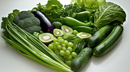 Assortment of green vegetables and fruits arranged in a heart shape.