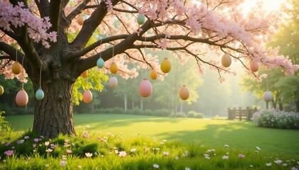 Easter Egg Tree Decorated with Colorful Eggs in a Sunny Spring Garden