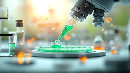Poster - Macro shot of a laboratory professional delicately pipetting a vivid emerald colored liquid into pristine culture plates for detailed analysis
