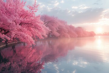 Wall Mural - A beautiful pink tree with pink blossoms is reflected in the water