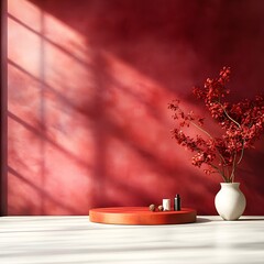 Poster - Elegant 3D studio space featuring a plum colored backdrop an empty floor and wall showcasing a product podium a window cast shadow overlay across the countertop and a warm sun drenched mockup