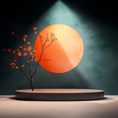 Poster - Elegant 3D studio scene featuring a minimalist podium display on an empty floor and walls with a warm glow from natural lighting and soft shadows cast from a window creating a contemporary clean