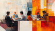 © watz - Business meeting in a modern office with a vibrant abstract background.