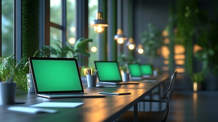 Aufkleber - A modern workspace featuring multiple laptops on a long table, surrounded by greenery and well-lit with natural light, creating a productive atmosphere.
