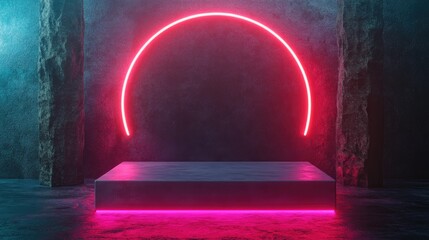 Poster - Abstract neon backdrop featuring luminous geometric shapes natural stone accents and a 3D podium render An empty display stand or platform designed for showcasing presentations and advertising tec
