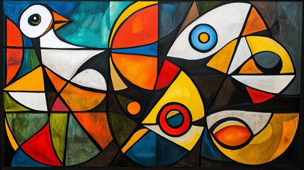 Poster - abstract colorful artwork featuring a stylized bird against a vibrant geometric background