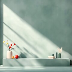 Poster - Minimalist and modern monochrome product presentation room with bare floor wall and window casting a soft shadow across the podium showcasing a digital mock up bathed in natural light