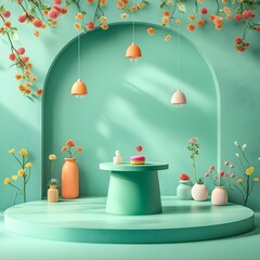 Poster - Minimalist 3D product photography studio setting with a clean jade green backdrop empty interior and a product display pedestal  Natural light streams through the window