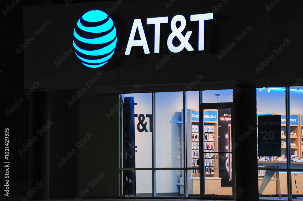 AT&T storefront illuminated at night, showcasing bright signage and a ...