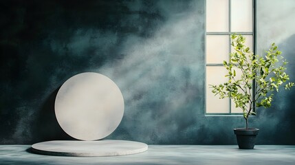 Aufkleber - Minimalist product showcase studio with empty gray background shadow overlay from window light and 3D rendered podium mockup in natural sunlight