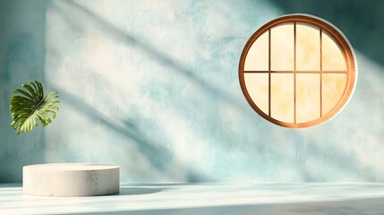 Poster - Elegant Product Showcase Set in a Minimalist Studio With Gray Background Empty Floor and Wall Space and Natural Sunlight Creating a Shadow Overlay on the Podium Mockup