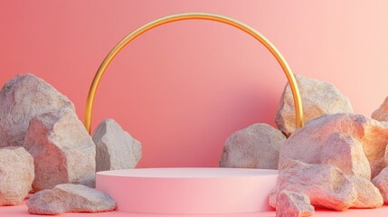Aufkleber - 3D render of an abstract background featuring cobble rock stones and a golden arch set against a pastel backdrop A contemporary minimal showcase scene with an empty podium for product display