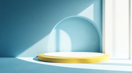 Aufkleber - Abstract blue geometric background for presentations and exhibitions 3D rendered round podium for product displays and showcases Minimalist studio featuring a yellow stand