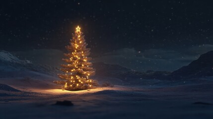 Wall Mural - illuminated christmas tree in the snow at night with copy space
