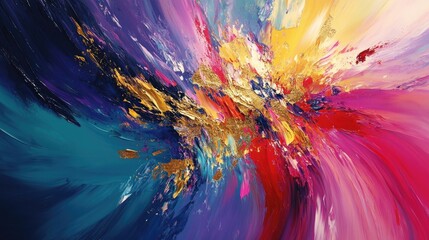 Poster - Abstract oil painting featuring vibrant colors and dynamic brushwork incorporating golden elements and expressive strokes in a modern artistic style