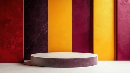 Aufkleber - Collection of 3D product display backgrounds in red yellow and dark purple on a white floor with open space Minimalist abstract composition Studio showcase for fashion product presentation