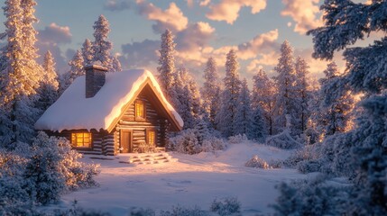 Poster - A Snow Covered Log House Surrounded by Trees in a Winter Forest