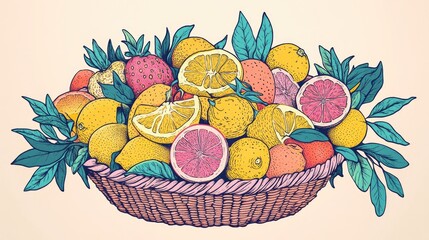 Poster - Citrus Fruits in a Basket Tangerines Oranges Lemons on a White Background