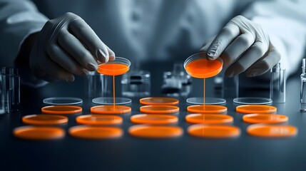 Poster - Close up of a researcher s hands carefully and precisely dispensing a vibrant orange solution into multiple petri dishes for detailed experimental observation within a sterile