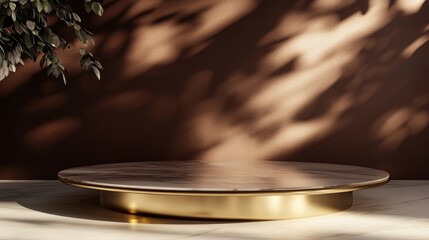 Poster - 3D render of an empty space on a round luxury glass table with a golden stand designed for premium product display templates The backdrop features sunlight casting shadows of foliage on a brown wa
