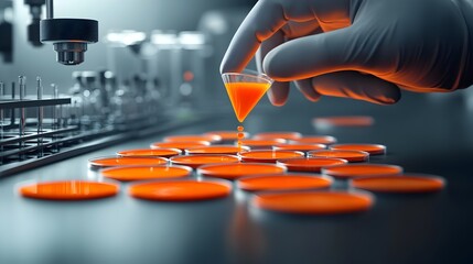Poster - Closeup of Researcher s Steady Hands Meticulously Dispensing Vibrant Orange Solution Into Multiple Petri Dishes for Detailed Experimental Observation in a Precisely Arranged