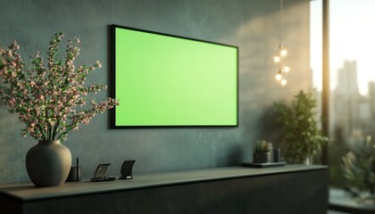 Aufkleber - A modern interior with a green screen TV on a wall, complemented by potted plants and decorative elements, illuminated by natural sunlight.