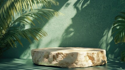 Aufkleber - 3D backdrop featuring a stone podium Natural rock pedestal adorned with tropical palm leaves casting shadows on a green surface Eco friendly and bio green theme Display stand for cosmetic and beau