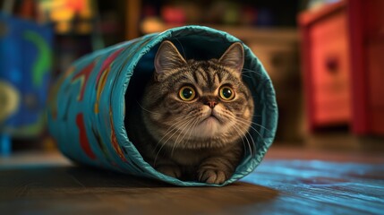 Poster - Curious Cat Inside Colorful Play Tunnel
