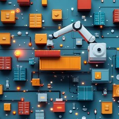 Poster - Robotic arm effortlessly organizing and transporting shipping containers in an advanced logistics warehouse